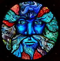 Blue Man of the Sea stained glass cirular window