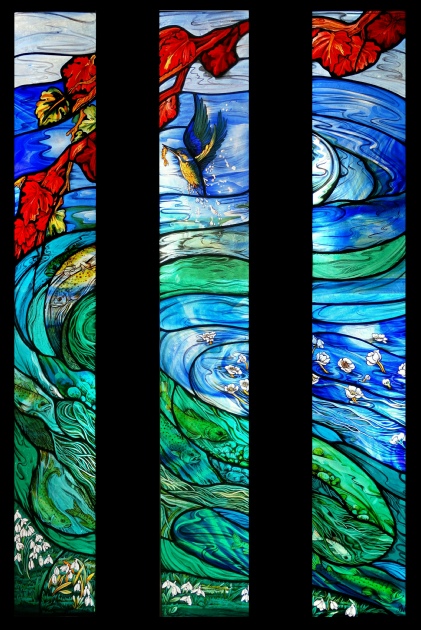 stained glass art glass painting of trout river and diving kingfisher at Cross Mill Winchester, Hampshire UK